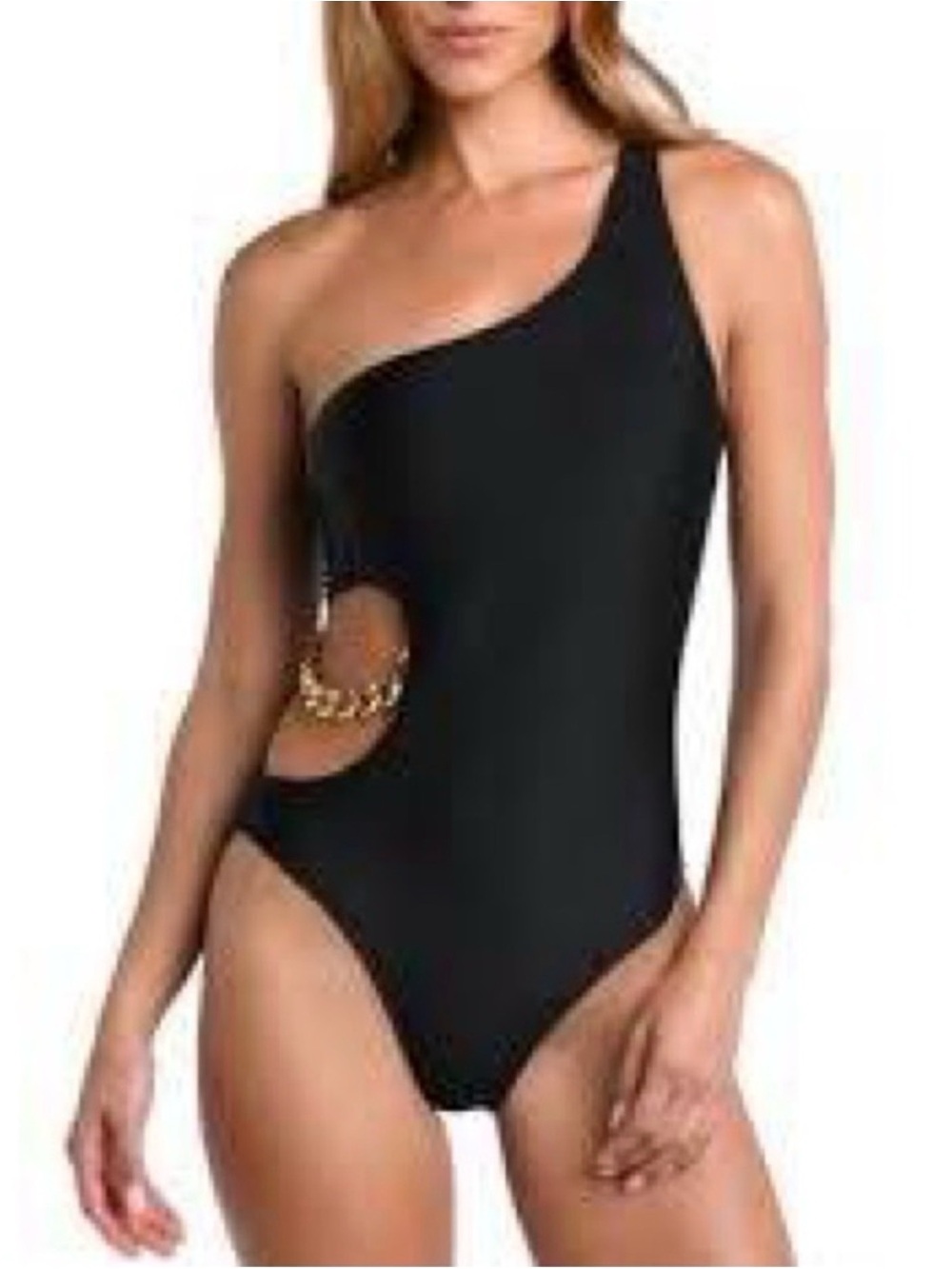 L'AGENCE Black One-Shoulder Cutout One-Piece Swimsuit with Gold Chain Accent - Picture 1 of 4